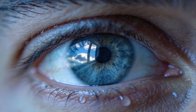 Extreme closeup teal eye reflecting window and sky with tears macro iris texture