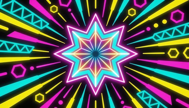 Neon eight-pointed star bursting with cyan magenta yellow rays, hexagons and lattice