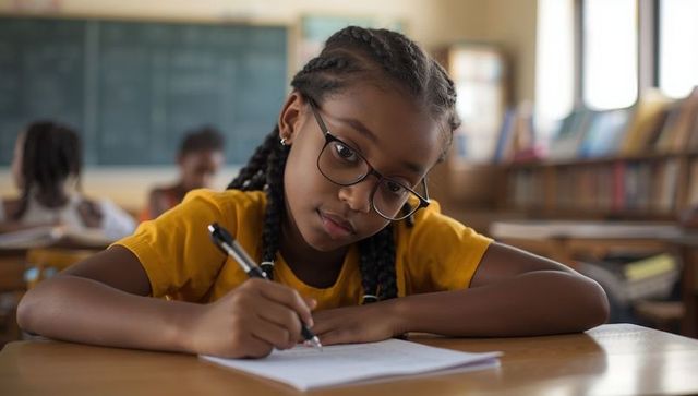 Focused student wearing glasses writing in classroom