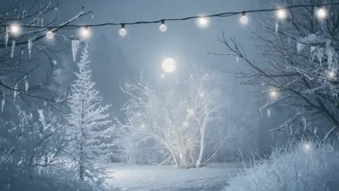 Moonlit Winter Glade Featuring Glowing String Lights and Snow-Covered Shrub Cluster
