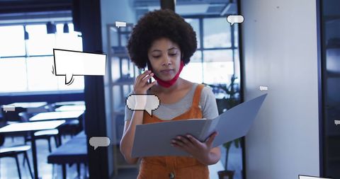 Professional Woman Talking on Phone Surrounded by Speech Bubbles