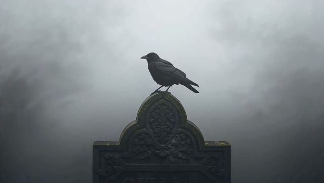 Moody Crow Perching on Ornate Gravestone in Misty Cemetery