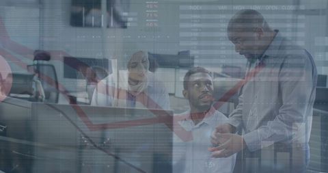Diverse business team analyzing financial market trends