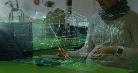 Digital Payment Security Network Overlaying Pregnant Woman Shopping