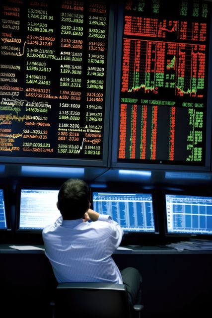 Trader sitting in front of multiple screens analyzing stock market data. Useful for projects related to financial markets, trading, economics, investment strategies, and business environments. Ideal for use in reports, presentations, blogs, and educational materials focusing on stock market and financial analysis.
