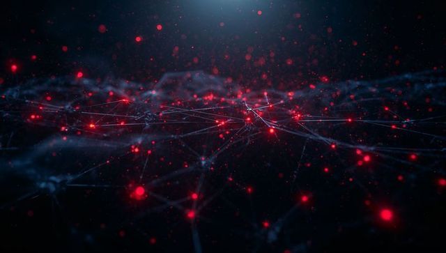 Futuristic Abstract Glowing Network of Red Nodes and Blue Lines