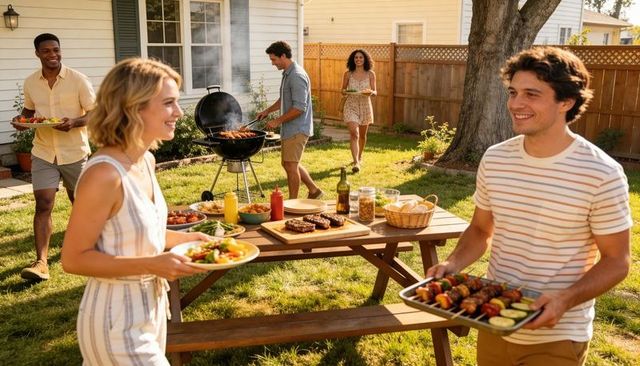 Friends enjoying backyard barbecue with grilled skewers, picnic table spread, summer salads