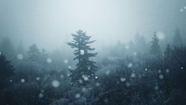Solitary Evergreen Standing in Misty Pine Forest with Falling Snow and Bokeh Lights