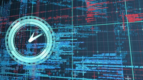 Digital Clock Overlay on Cyber Data Processing Animation