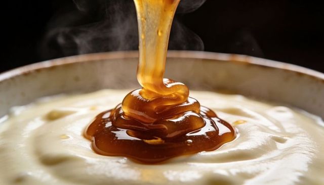 Pouring golden caramel drizzling over creamy custard pudding with steam and glossy swirl