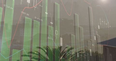 Urban financial scene blending city skyline with translucent stock charts and candlestick data