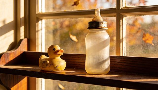 Vintage baby bottle and scuffed rubber duck on sunlit wooden windowsill, autumn glow