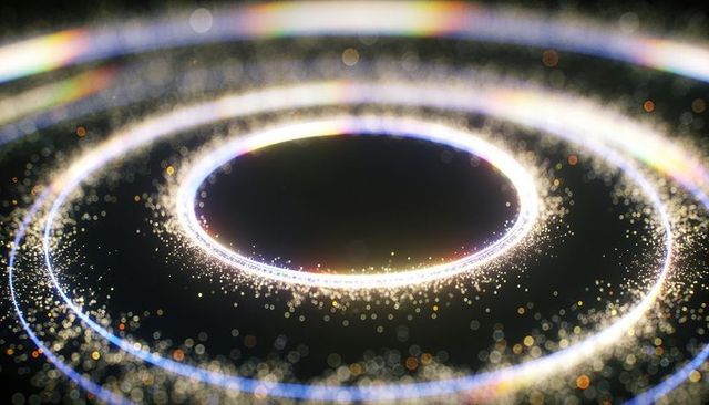 Glowing concentric rings emitting iridescent halos on dark bokeh field with neon light particles