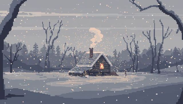 Pixel art winter cabin with glowing window and smoking chimney in snowy forest clearing