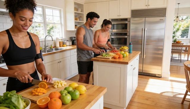 Fitness friends preparing colorful fruit and smoothies in bright modern kitchen