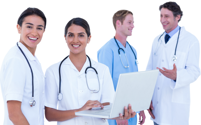 Happy and Diverse Doctors Group with Laptop Working Transparent Background - Download Free Stock Videos Pikwizard.com