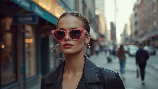 Chic urban fashion model wearing pink sunglasses in vibrant cityscape
