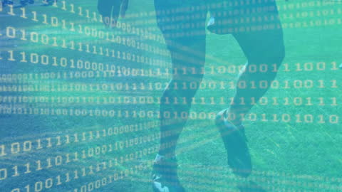 Football Scenes Merged with Digital Binary Code Overlay
