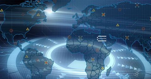 Futuristic digital world map hud displaying global data flows and geospatial monitoring