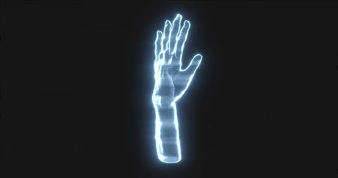 Glowing Holographic Hand on Dark Model Backdrop