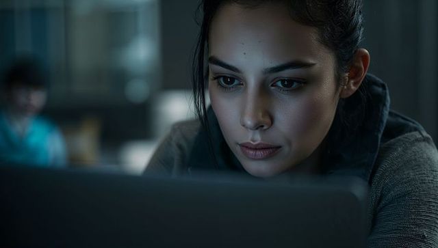 Focused young woman working late on laptop at home desk with moody blue lighting