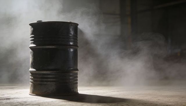Rusty Industrial Barrel Casting Dramatic Shadow in Foggy Warehouse