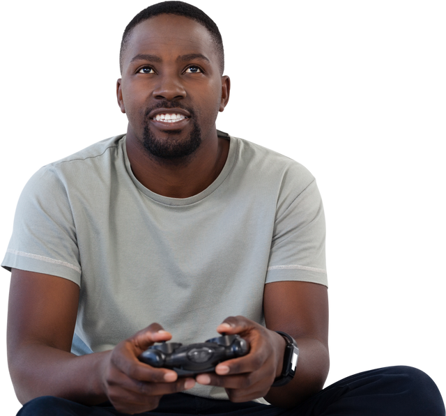 Smiling man playing video game with controller, isolated on transparent background - Download Free Stock Videos Pikwizard.com