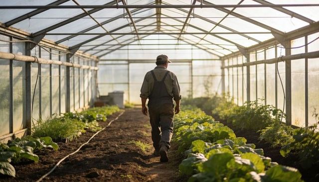 Sunlit greenhouse farmer walking down vegetable aisle in overalls and cap