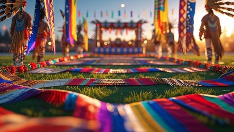 Ceremonial indigenous celebration at sunset with traditional textiles