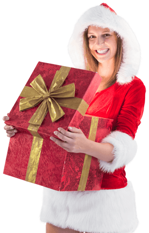 Transparent Smiling Woman In Santa Suit Holding Christmas Gifts