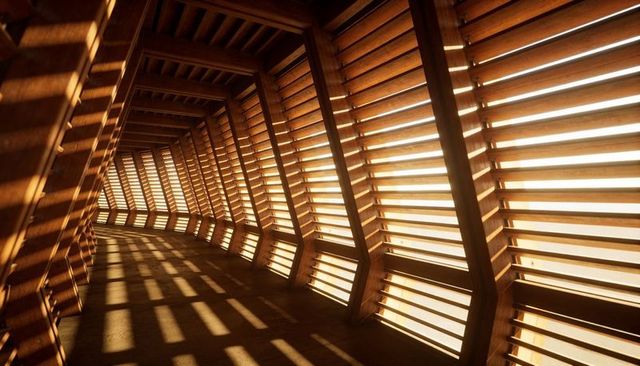 Curving Wooden Walkway with Angled Slats and Dramatic Shadow Bands in Backlit Interior