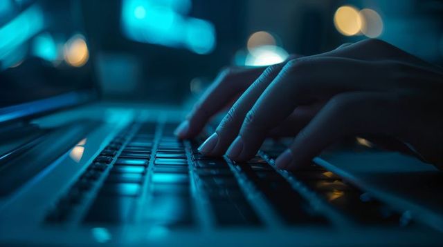 Hands typing on backlit laptop keyboard with blue ambient light and bokeh glow