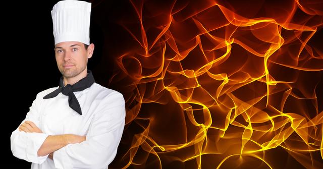 Male chef standing with arms crossed against digitally generated background
