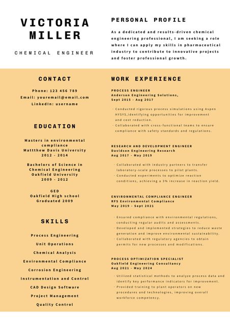 This modern and clean resume template highlights a chemical engineer's qualifications. Featuring sections for contact details, a professional profile, work experience, education, and skills, this layout is functional and visually appealing. Useful for professionals creating their own resumes or assistance with job applications in engineering fields, especially for roles in pharmaceuticals and research.