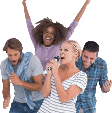 Group singing karaoke with joyful expressions on transparent background