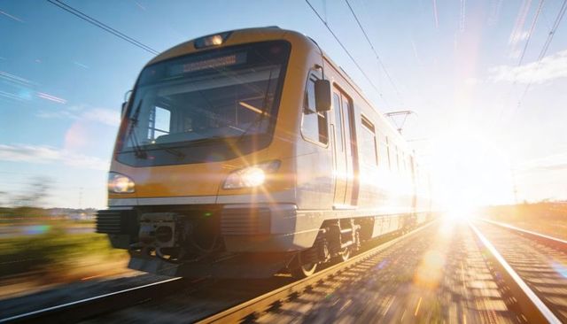 Pale-yellow electric train charging down sunlit rural tracks with dynamic motion blur