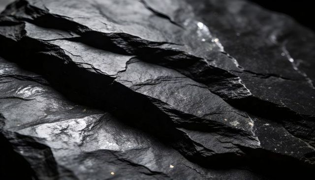 Dark layered slate rock revealing thin sheeted strata, fractures and pyrite flecks