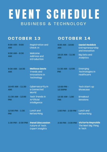 Event schedule, business and technology text and details of two day seminar schedule on blue. Business and technology seminar event information poster, digitally generated image.
