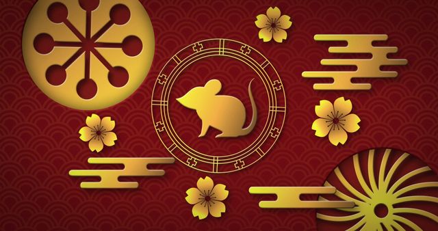 Chinese New Year Design with Mouse and Flower Symbols on Red Scallop Background - Download Free Stock Images Pikwizard.com