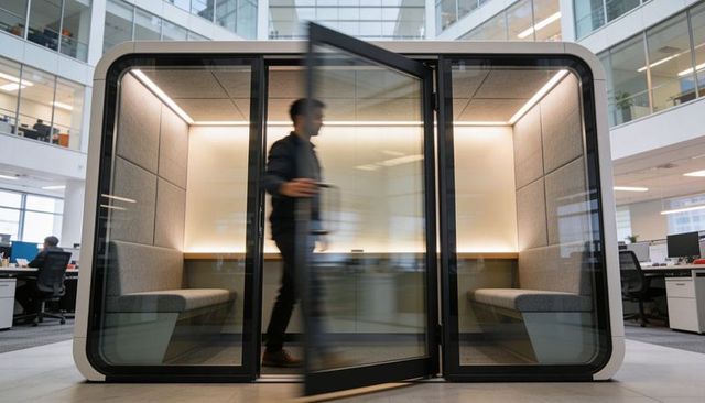 Man entering glass meeting pod in modern open-plan office atrium