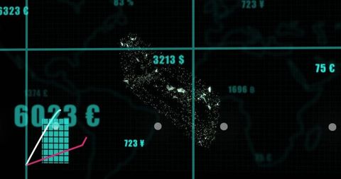 Neon data island forming on cyan grid with currency metrics, geospatial finance dashboard
