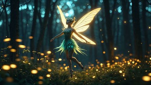 Enchanted fairy dancing in luminous forest at dusk