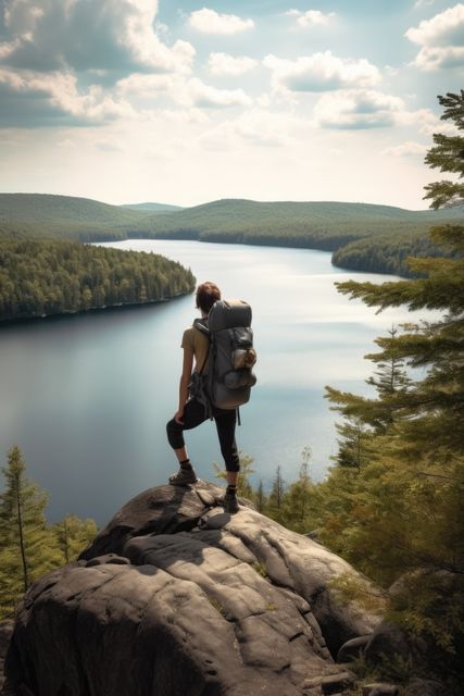 Backpacker standing on cliff overlooking serene lake. Surrounded by lush forest under soft sunlight. Ideal for travel, adventure, and nature-related content. Great for promoting outdoor activities, travel agencies, and hiking gear.