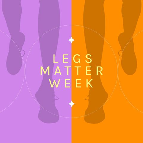 bright and vibrant graphic promoting legs matter week, emphasizing leg health awareness. purple and orange backgrounds feature leg silhouettes symbolizing movement and vitality. ideal for use in social media posts, online articles, or educational brochures about leg health initiatives.
