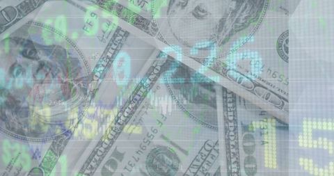 Financial Data Interface over US Dollar Bills in Digital Background