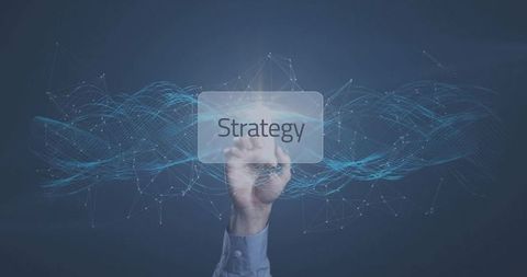 Business Strategy Button Being Tapped on Futuristic Digital Network Interface