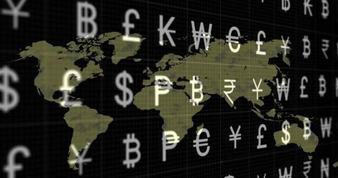 Global economy currency montage on world map