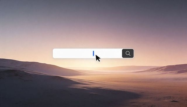 Minimalist floating search bar over desert dunes at sunrise with blue caret and black cursor