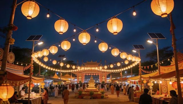 Evening indian festival market with hanging lanterns, temple gate and bustling stalls