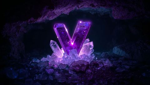Glowing crystal letter v illuminating underground cave scene